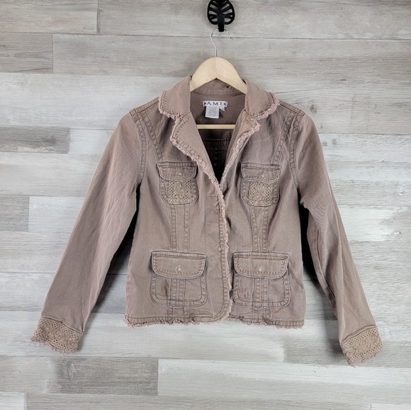 Vintage A.M.I. Distressed Crochet Light Brown Khaki Jacket Women’s Size Small - Picture 13 of 15